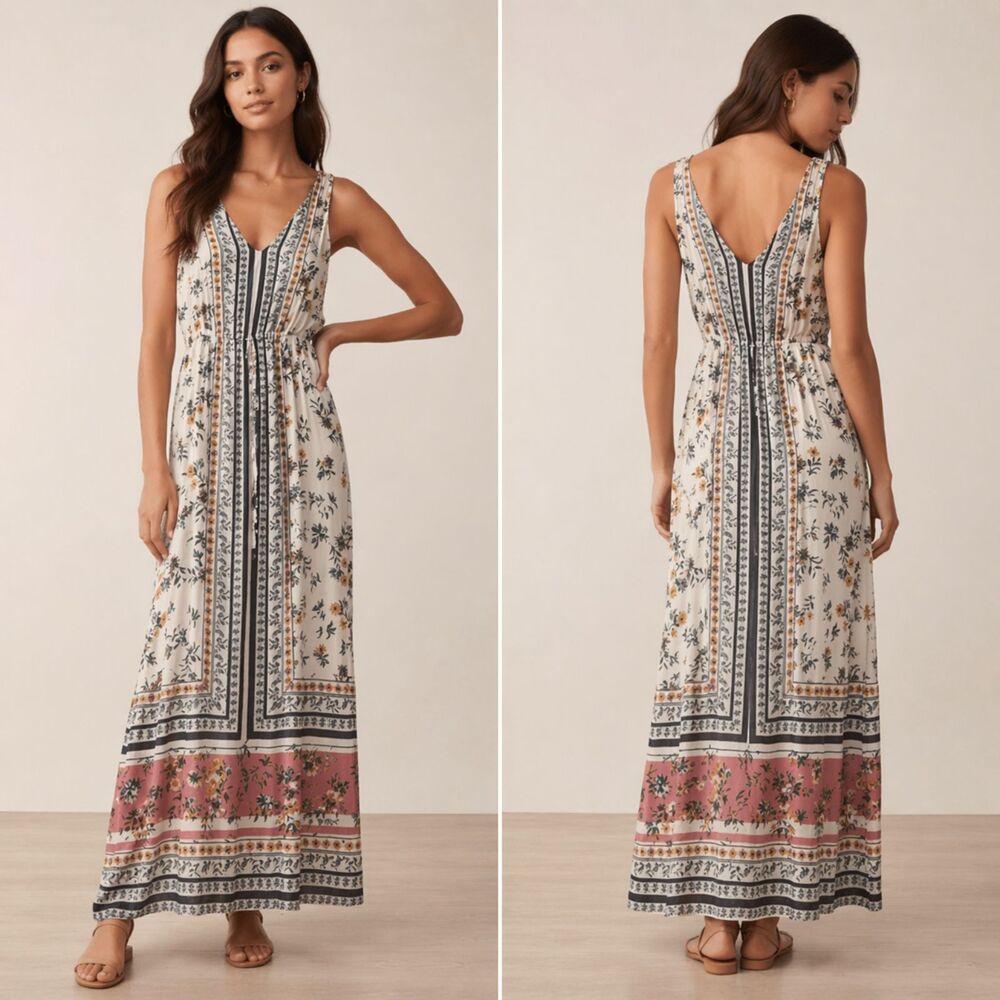Lucky Brand Floral Boho Maxi Dress Sleeveless V-Neck Size Small